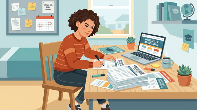 A student focused on university applications at her desk, surrounded by documents, a laptop, and study materials in a cozy room