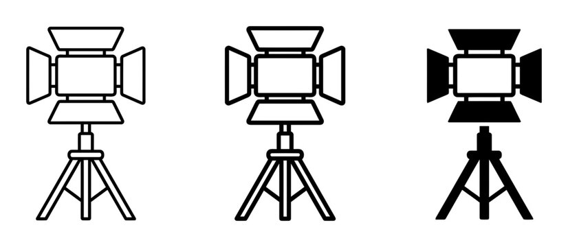 Camera studio lights, photography lighting, flash units, vector icons