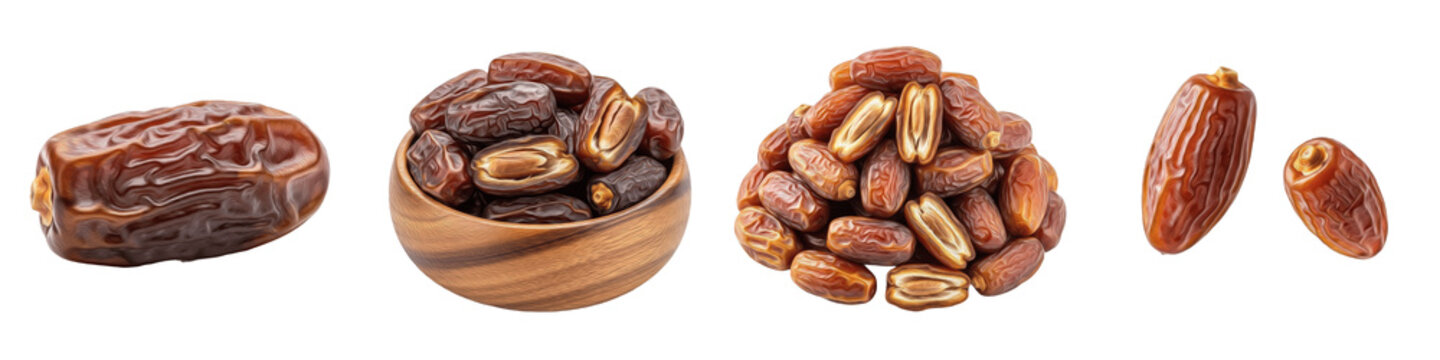 Collection of dried date fruits shown individually, in a wooden bowl, and in a pile, isolated on white background, sweet organic snack, nutritious superfood, Middle Eastern culinary staple, natural su