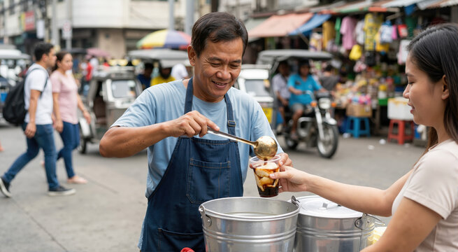 Street vendor serving taho in a plastic cup. Filipino street food scene with a man and customer. Urban market environment