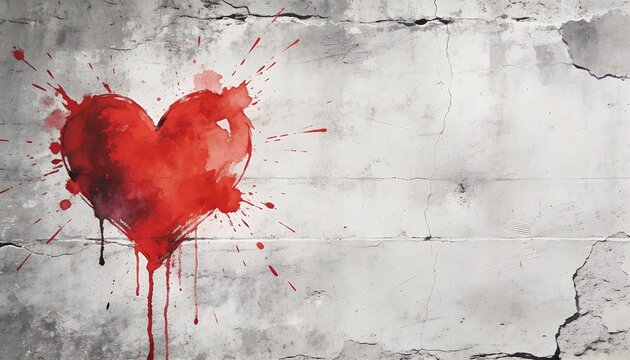 Red watercolor heart paint splash on textured grey concrete wall background graffiti style