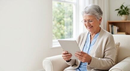Fototapeta premium Senior woman reading on a digital tablet. Elderly lady sitting in an armchair. Technology and connectivity concept