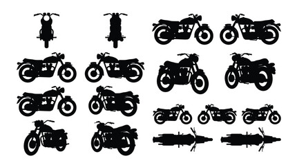 Bobber Cafe Racer Motorcycle Silhouette Large Set Retro Style Bike Multiple Views Vector Isolated White Background © selena