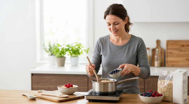 Woman preparing oatmeal with berries in a kitchen. Healthy breakfast routine