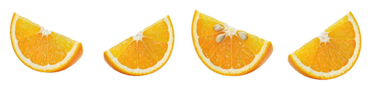 Set of four orange wedges isolated on white background, fresh citrus fruit slices, healthy snack, juicy organic food element for culinary design, vegetarian ingredient, refreshing summer fruit, vitami