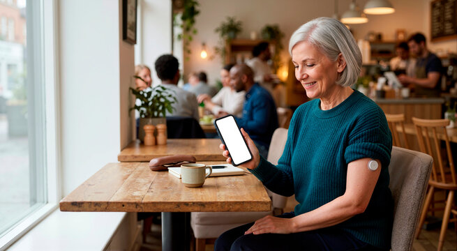Senior diabetic woman checking blood sugar levels with a smartphone app. Confident female patient wearing a continuous glucose monitor patch in a cafe. Blank white screen for copy space