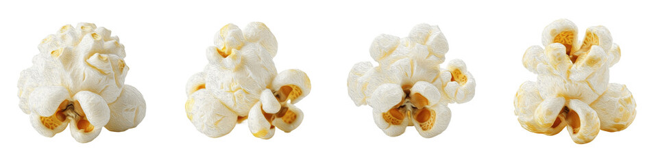 Set of four isolated popped popcorn pieces on white background, crispy salty snack for cinema and...