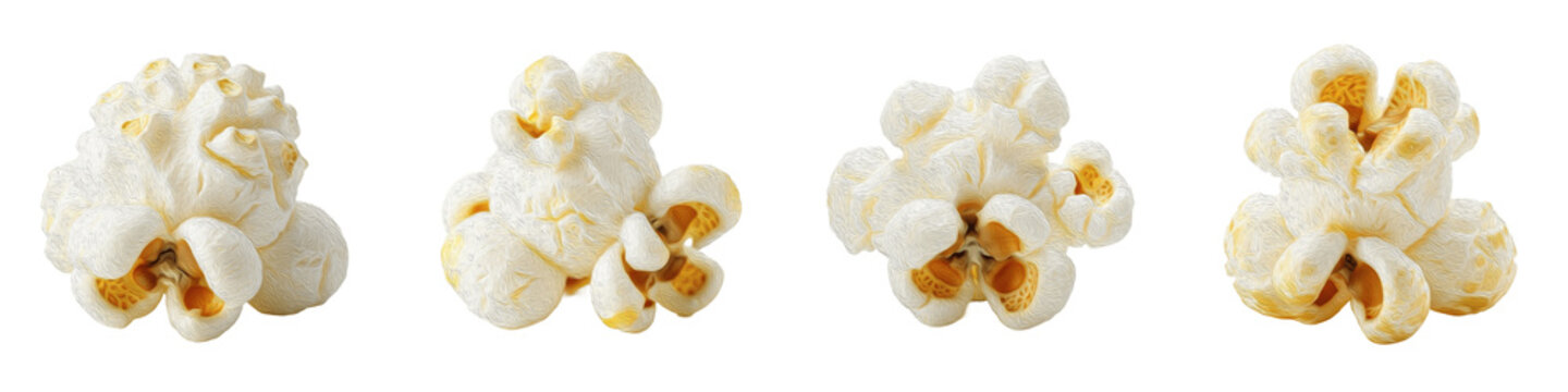 Set of four isolated popped popcorn pieces on white background, crispy salty snack for cinema and movie night, healthy whole grain corn kernels, natural food element for design, textured fluffy snack,