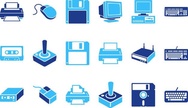 Computer icons technology retro vintage digital electronic devices floppy disk mouse printer keyboard joystick modem router technology digital electronic devices.