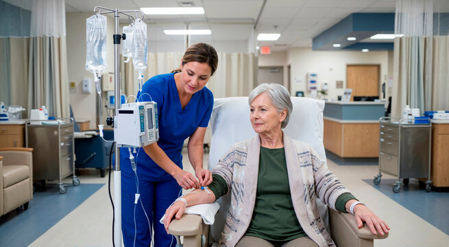 Female nurse adjusting IV line for senior woman patient in hospital ward. Elderly female undergoing intravenous chemotherapy infusion and oncology treatment