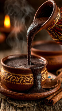 Pouring rich Oaxaca hot chocolate into clay cups on cozy evenings