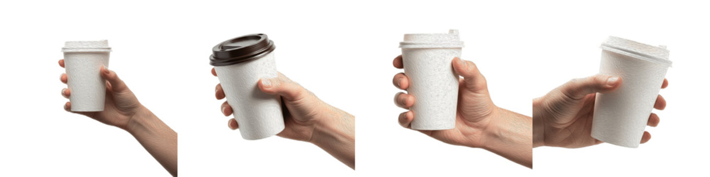 Set of four hands holding blank white paper coffee cups with lids isolated on white background, disposable beverage containers for branding mockup, takeaway hot drinks, cafe service concept, morning c