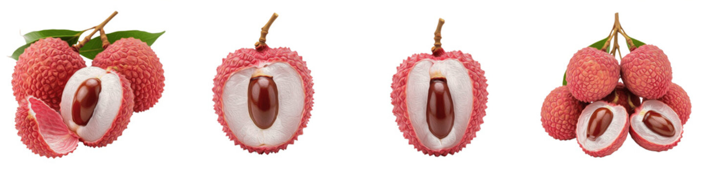 Collection of fresh lychee fruits showing whole and halved pieces with seeds isolated on white background, raw exotic tropical fruit, juicy white flesh, red bumpy skin, summer harvest, healthy organic