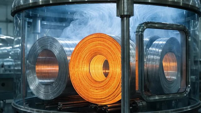 Medium shot capturing thin foil coils heated under a protective atmosphere ensuring highquality annealing while preventing oxidation during the softening process