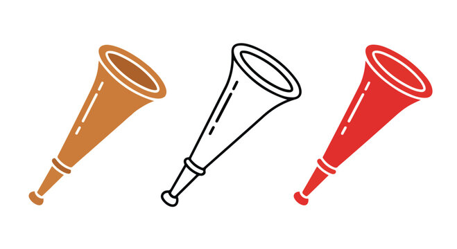 Three colorful party blowers in brown white and red with paper mouthpieces and plastic tubes for celebration