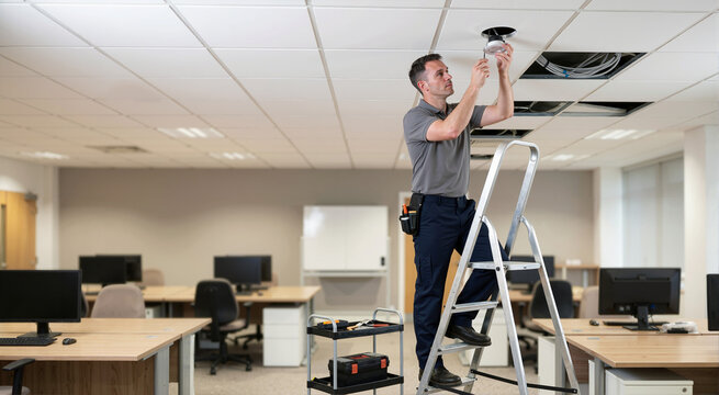 Caucasian male electrician installing recessed spotlights in an office ceiling. Professional worker on a stepladder wiring commercial lighting. Workplace electrical maintenance service