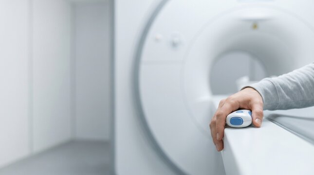 Patient hand holding an emergency call button beside an MRI scanner, representing diagnostic imaging, radiology examination, patient safety and modern medical technology.