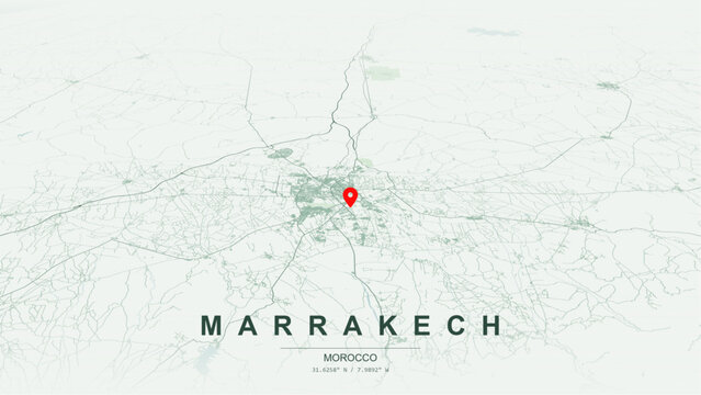 Modern minimalist vector map of Marrakech, Morocco. High-quality scalable illustration of Marrakech city grid, Jemaa el-Fnaa square axis, Gueliz Ville Nouvelle grid, Koutoubia Mosque for posters.
