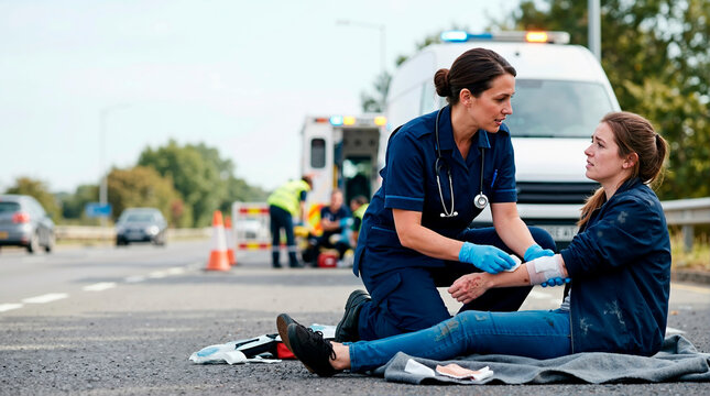 Female paramedic in uniform applying a bandage to an injured woman's arm. Emergency medical responder providing first aid to an accident victim on the road