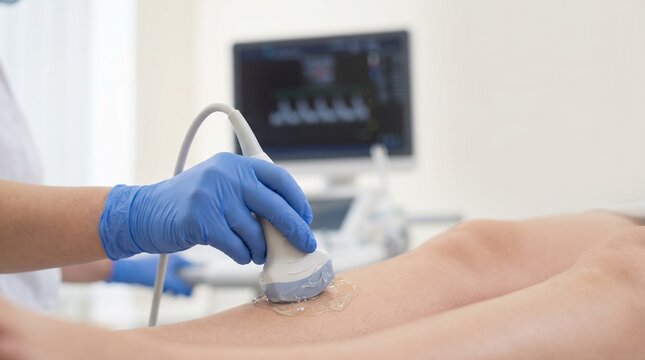 Close-up medical photo of venous ultrasound examination of the leg, with gloved clinician using probe and gel during vascular scan in modern clinic.