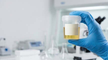 Fototapeta premium Gloved hand holding urine sample container in laboratory, urinalysis and kidney health screening concept with blurred medical equipment and copy space.
