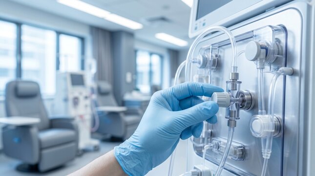 Healthcare worker adjusting a valve and tubing on a hemodialysis machine in a dialysis clinic, representing kidney treatment, renal care and modern nephrology technology.
