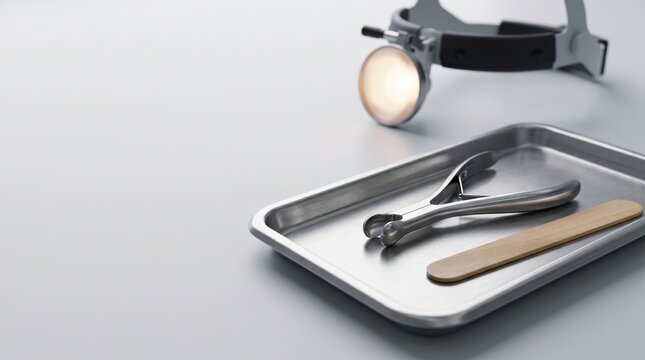 Sterile ENT examination tools on a stainless steel tray with nasal speculum, tongue depressor and head mirror, representing otolaryngology, nasal diagnostics and clinical healthcare.