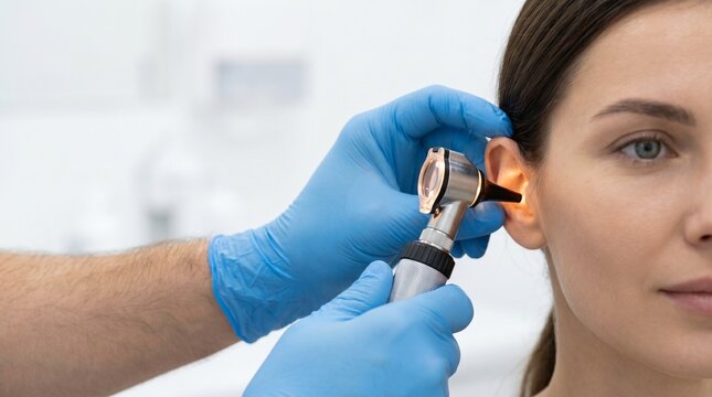 Close-up medical photo of an ENT doctor examining a woman&rsquo;s ear with an otoscope during ear checkup in a clean modern clinic.