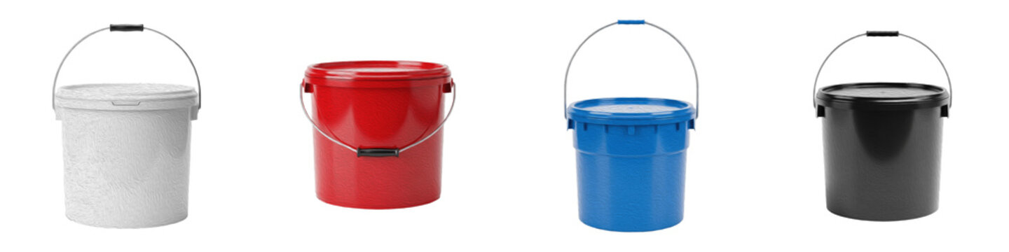 Set of four plastic buckets with metal handles isolated on white background, industrial painting containers, construction material storage, commercial packaging, professional cleaning pails, blank rou