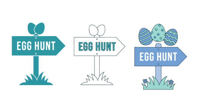 Cute cartoon style egg hunt signs with colorful eggs and grass for spring outdoor activity or event decoration