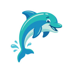 Fototapeta premium Happy cartoon dolphin leaping joyfully out of blue water with splashes, isolated on white background