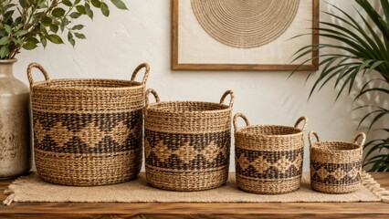 Fototapeta premium Woven storage baskets arranged on natural table surface