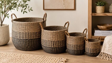Fototapeta premium Striped woven baskets nested on living room floor