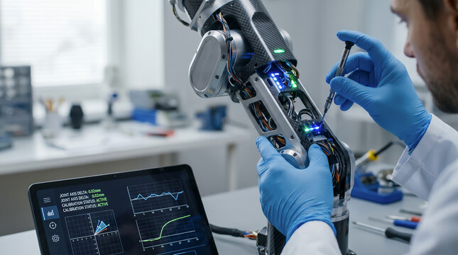 Professional biomedical technician engineer calibration and repairing advanced robotic prosthetic limb mechanism next to digital telemetry monitor screen. Medical diagnostic equipment copy-space.