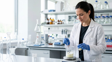 Fototapeta premium Focused female scientist mixing white powder and liquid in a beaker on a digital scale. Woman researcher formulating chemicals in a modern laboratory. Science and pharmaceutical research concept