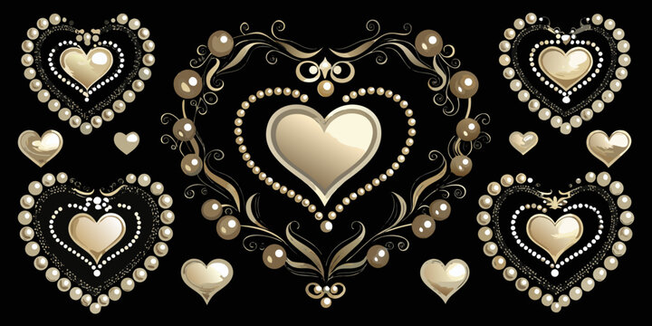 Elegant luxury pearl and gold decorative hearts set, vector