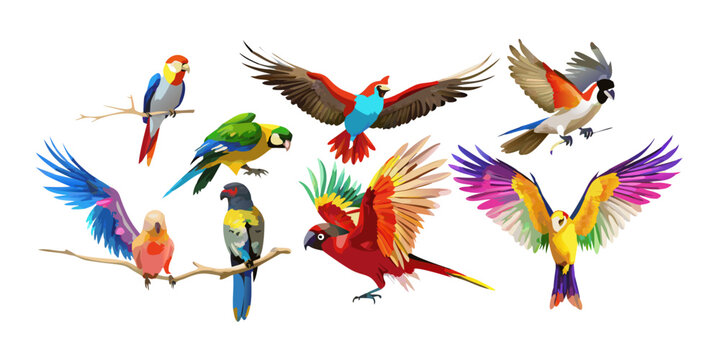 Set of colorful tropical parrots flying and perched, vector