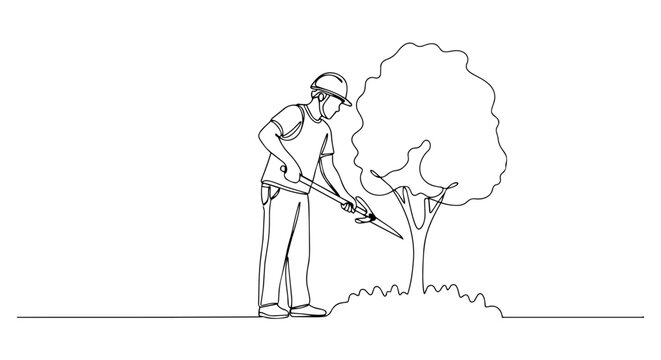 Worker pruning a tree with long shears. One line drawing vector illustration. Continuous line art of a gardener or arborist at work. Minimalist landscaping concept