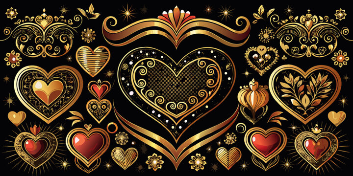 Ornate golden and red decorative filigree heart set, vector