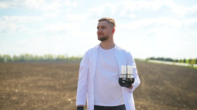 Male agronomist scientist checking soil samples on agricultural field