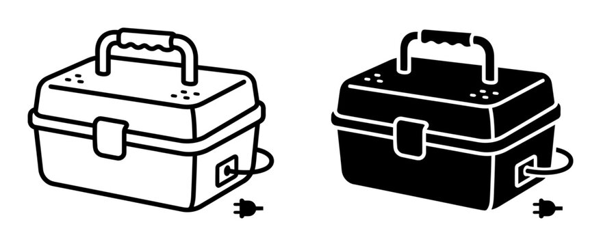 Black and white toolbox icons, vector toolboxes, line art boxes, construction equipment