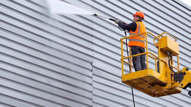 Cleaner washing wall of building with pressure washer using aerial work platform. Worker in safety uniform cleaning industrial exterior facade for maintenance work.