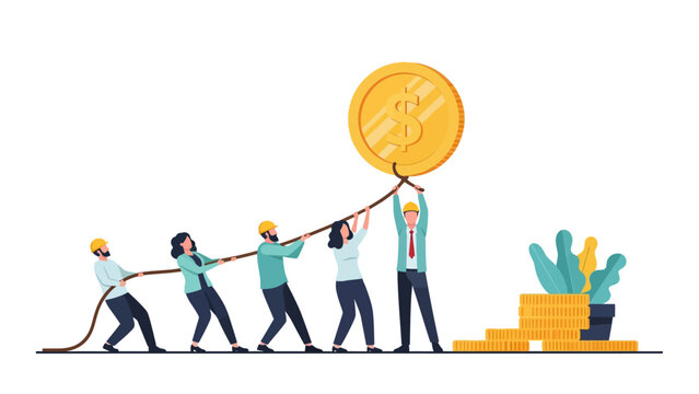 Collaborative Financial Growth with diverse team pulling a rope to lift a giant gold dollar coin, ideal for business presentations and financial planning articles.