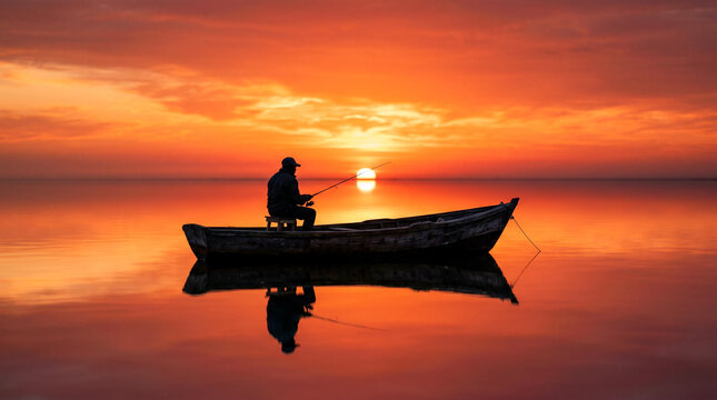 Pescador solitario en barca de madera silueteado contra un cielo rojo-naranja que se refleja perfectamente en un mar en calma absoluta.

