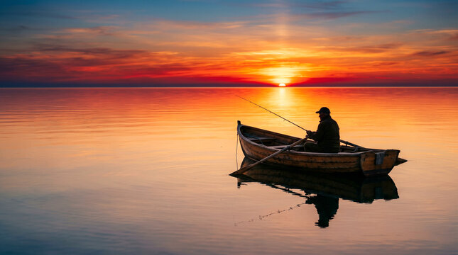 Pescador solitario en barca de madera silueteado contra un cielo rojo-naranja que se refleja perfectamente en un mar en calma absoluta.
