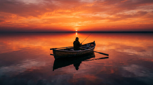 Pescador solitario en barca de madera silueteado contra un cielo rojo-naranja que se refleja perfectamente en un mar en calma absoluta.
