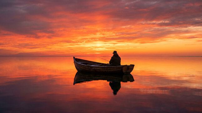 Pescador solitario en barca de madera silueteado contra un cielo rojo-naranja que se refleja perfectamente en un mar en calma absoluta.
