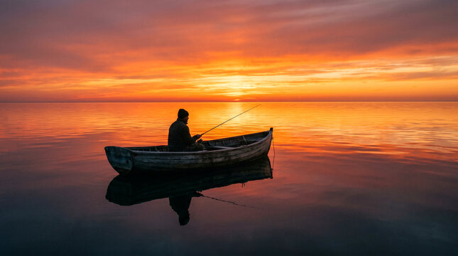 Pescador solitario en barca de madera silueteado contra un cielo rojo-naranja que se refleja perfectamente en un mar en calma absoluta.
