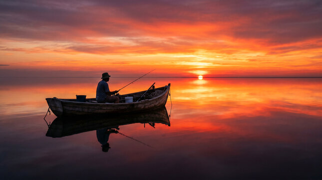 Pescador solitario en barca de madera silueteado contra un cielo rojo-naranja que se refleja perfectamente en un mar en calma absoluta.
