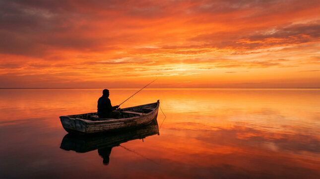 Pescador solitario en barca de madera silueteado contra un cielo rojo-naranja que se refleja perfectamente en un mar en calma absoluta.
